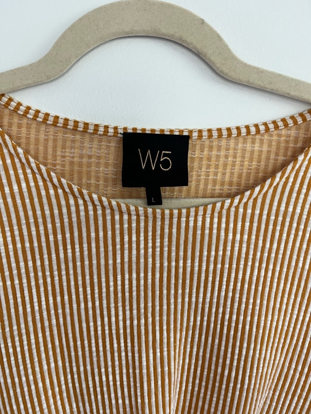 W5 Anthropologie Mustard Yellow White Striped Twist-Front 3/4 Sleeve Top - Picture 3 of 6